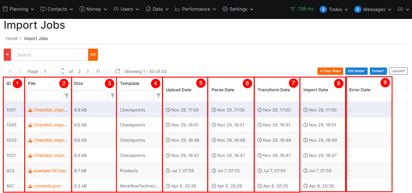 Import History Table
