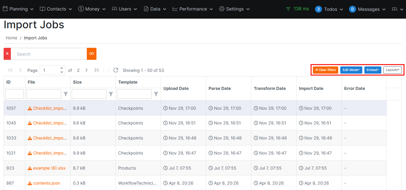 Import History Filters